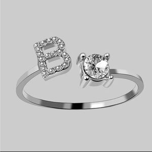 Letter B Adjustable One Size Silver Ring w. Rhinestones